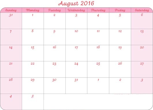 August 2016 Calendar with Canadian Holidays Free, August 2016 Printable Calendar Cute Word Excel PDF Template Download Monthly, August 2016 Blank Calendar Weekly