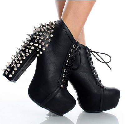 Summitfashions Black Spiked Boots with 5 Inch Curved Wedge Heel and Embossed Python Print