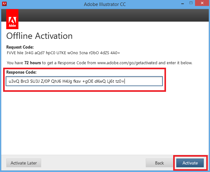 adobe offline activation response code