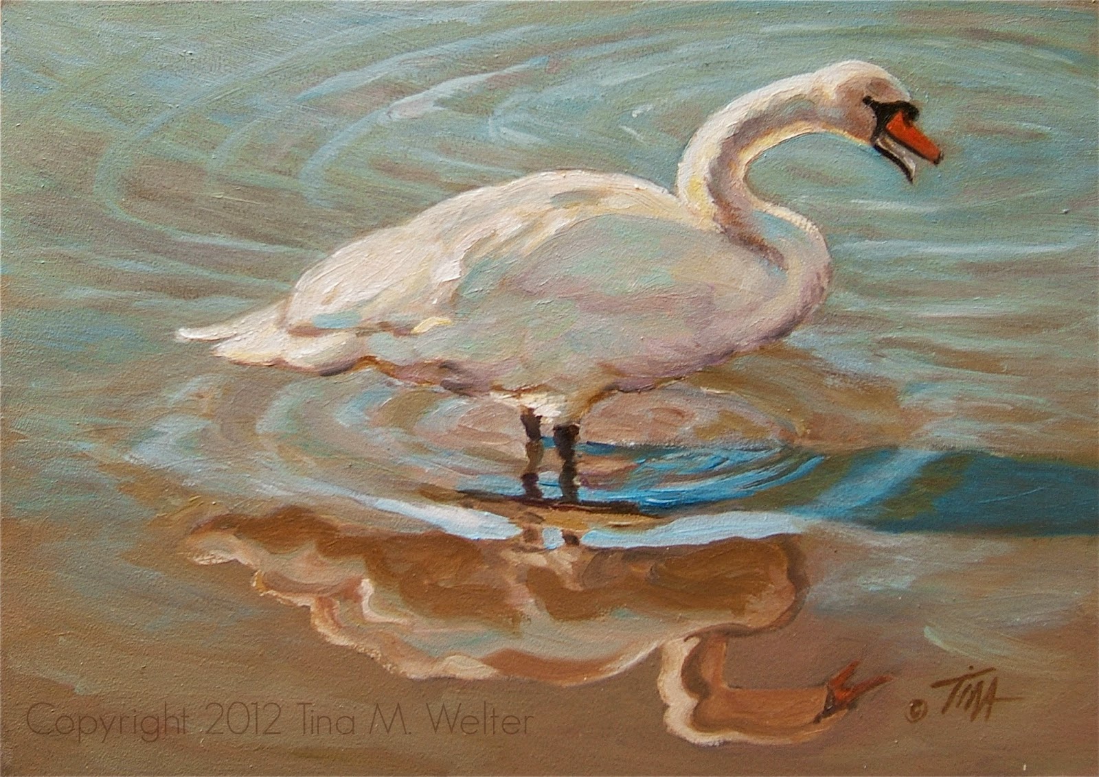 "Guardian" February 2012, swans from Schloss Nymphenburg, Germany. 5"x 7" oil on "Gessobord" copyright 2012 Tina M. Welter.