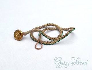 Wrap Bracelet, turquoise rhinestones, hemp, leather Gypsy Thread