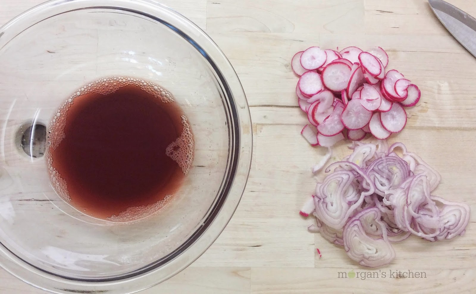 kitchen pickled radish + shallot fish tacos with sriracha crema