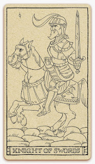 Knight of Swords card - inked illustration - In the spirit of the Marseille tarot - minor arcana - design and illustration by Cesare Asaro - Curio & Co. (Curio and Co. OG - www.curioandco.com)