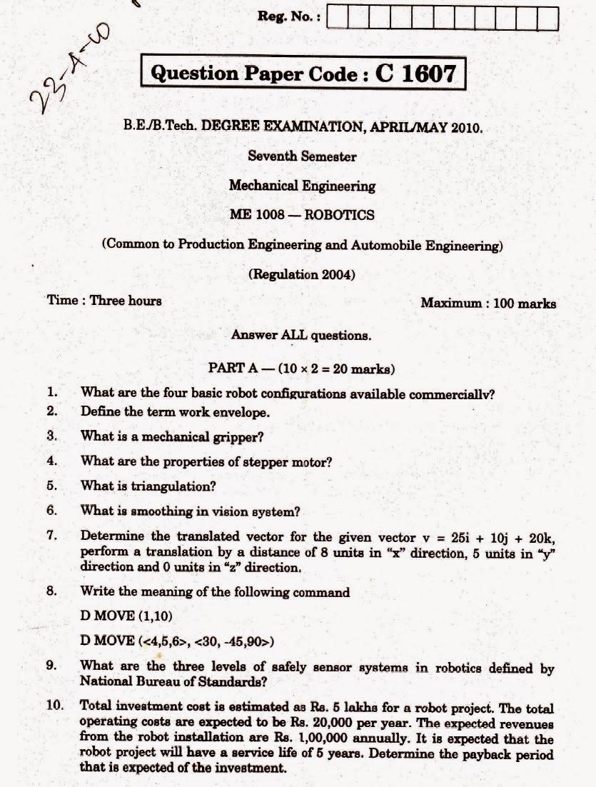 ME 1008 Robotics B.E Mechanical Anna University Chennai 07th