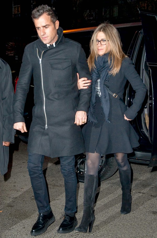 Jennifer Anniston with Justin Theroux in All Saints Fall Winter 2014 Barton side zip bog pocket coat