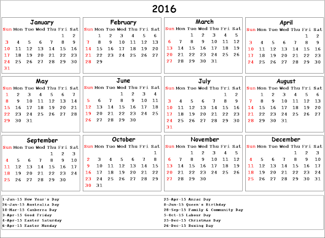 2016 Calendar Printable with Australian Holidays, 2016 Australian calendar with Public holidays, 2016 calendar australia school holidays free, 2016 calendar australia word excel pdf