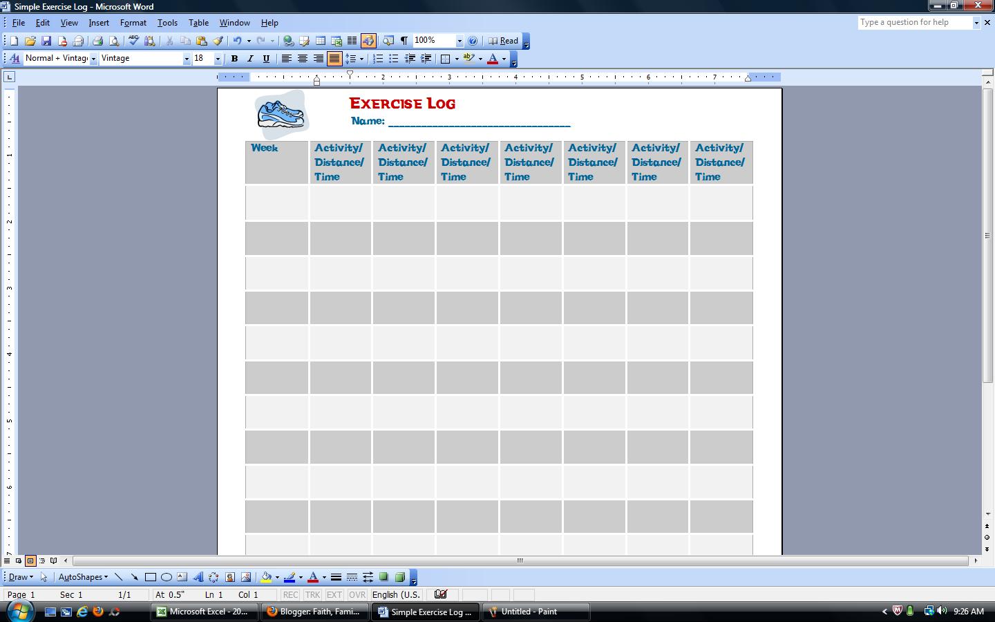 simple exercise log freebie