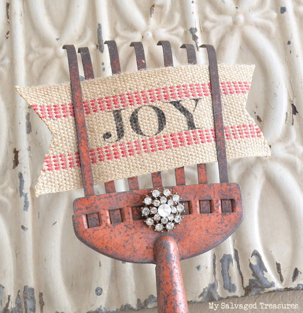 repurposed rhinestone jewelry jute webbing JOY sign