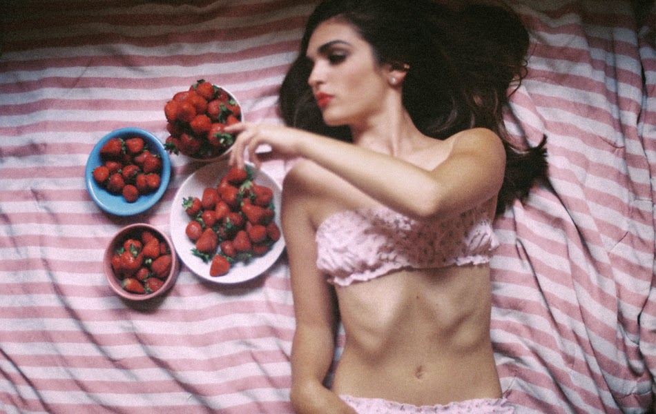 35mm photo of Frances Tomei in the Limited Edition Strawberry Rosary Lingerie Set