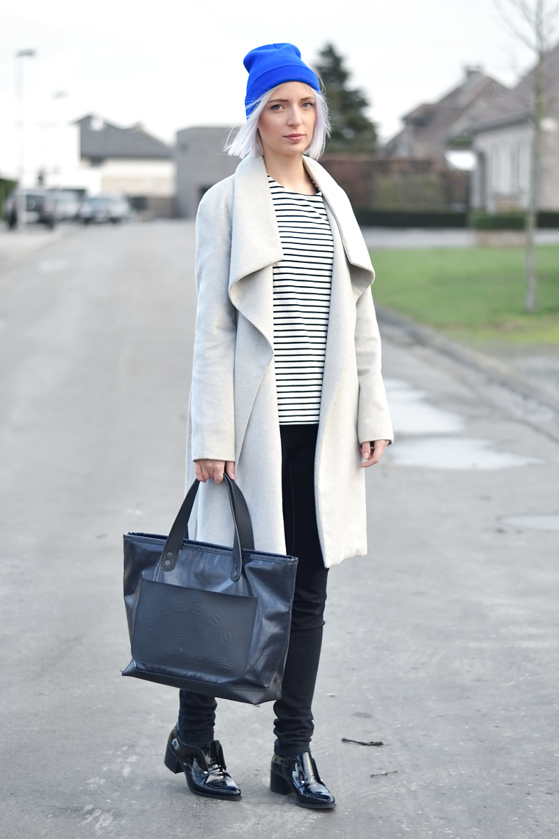 Mango, wool coat, grey, marc by marc jacobs, tote bag, bright blue beanie, cos, striped top, patent shoes, loafers, sacha