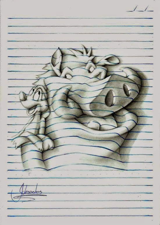 As impressionantes ilustrações com ilusão de ótica 3D de João A. Carvalho João A. Carvalho ilustrações ilusão de ótica 3D nas linhas do caderno