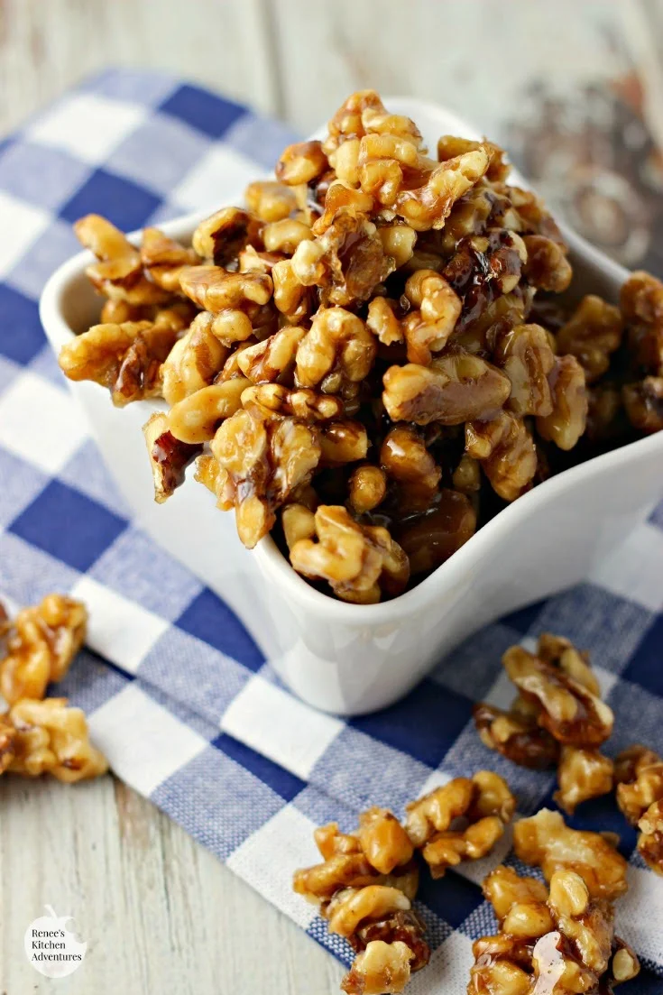 Maple Syrup Glazed Walnuts | Renee's Kitchen Adventures Two ingredients make this super simple snack so easy and healthy!