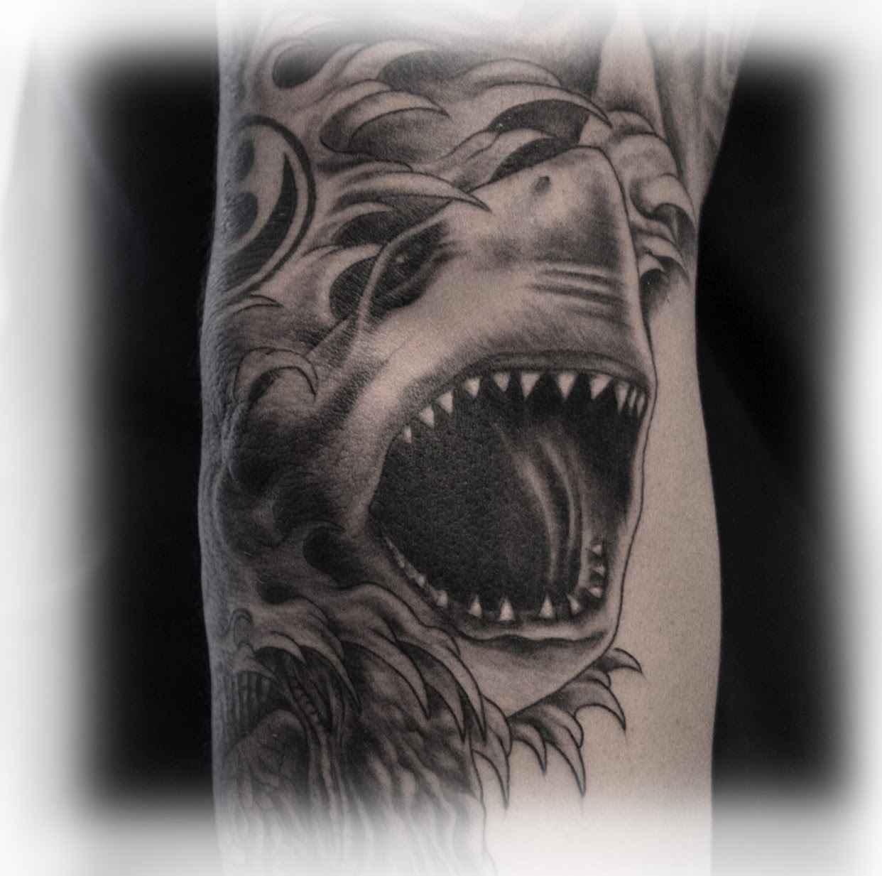 image caption: Shark and crocodile tattoo title=
