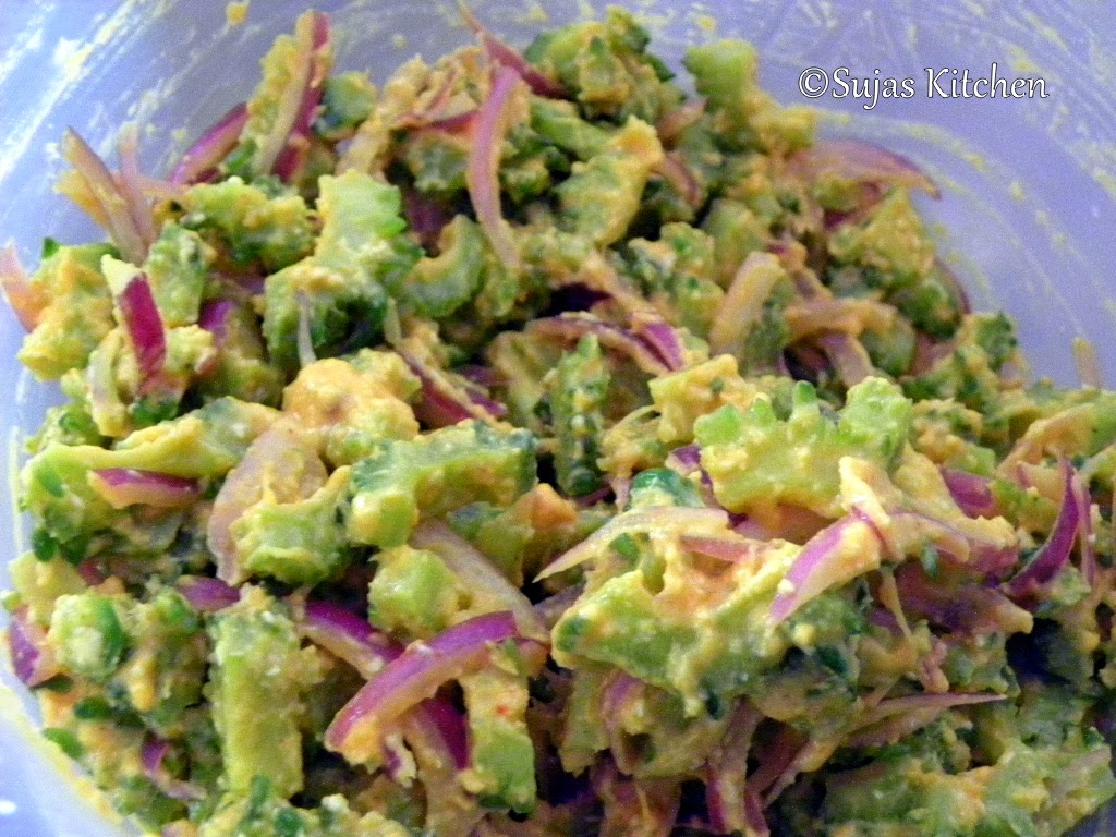Sujas Kitchen Kakarakaya Vepudu in Gravy (Fried Bitter gourd dumplings in Gravy)