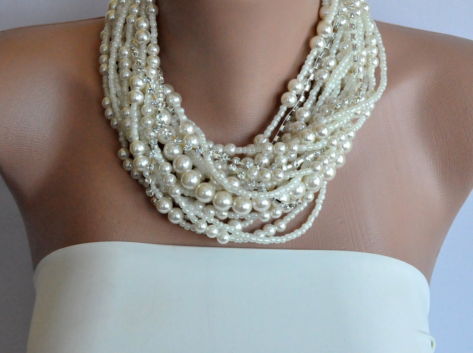 HMbySemraAscioglu Chunky Layered Ivory Pearl Necklace with Rhinestones