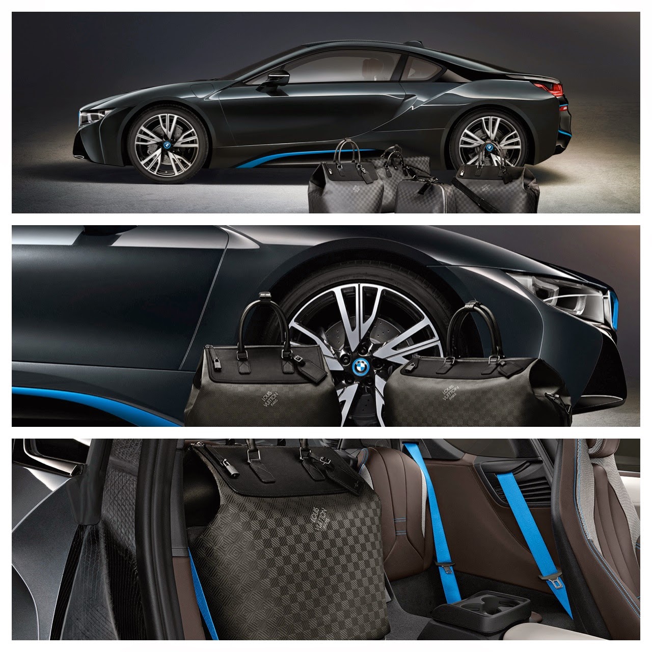 The tailor-made Louis Vuitton luggage set for the BMW i8 made from carbon  fibre: small “Weekender PM i8“, big “Weekender GM i8“, hardshell “Business  Case i8“,”Garment Bag i8“. (08/2014)