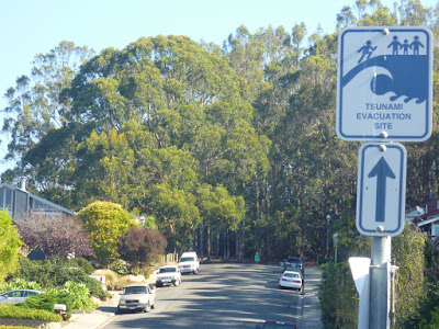 Trailheads and tsunami evacuation site at the upper end of Coral Reef Avenue From Cabrillo Hwy to Rancho trailheads: Coral Reef Avenue
