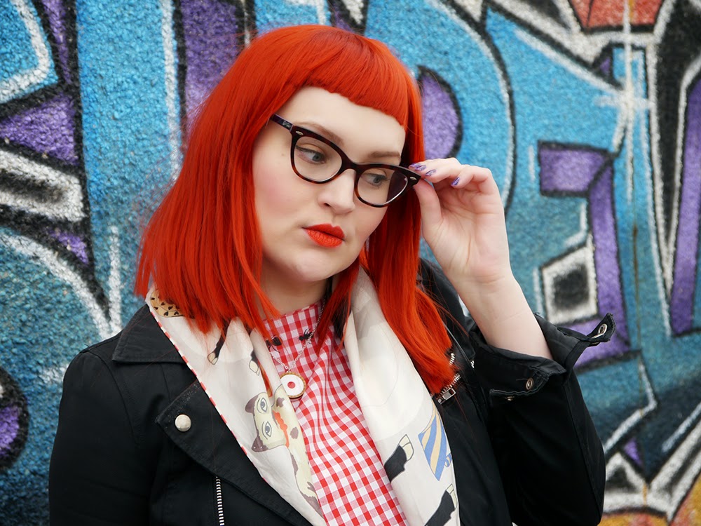 Cat Eye Glasses Blogging duo, Scottish blogging duo, Scottish bloggers, twin styling, red wig, ginger wig, cat eye glasses, Vintage Style Me gingham dress, Karen Mabon bull in a china shop scarf, H&M biker style jacket, Bonnie Bling name ring, Helen's style, Blog birthday, style challenge, Sugar & Vice cherry bakewell necklace