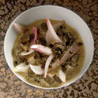 Foie Gras Soup with Lentil Gnocchi and Balsamic Onions