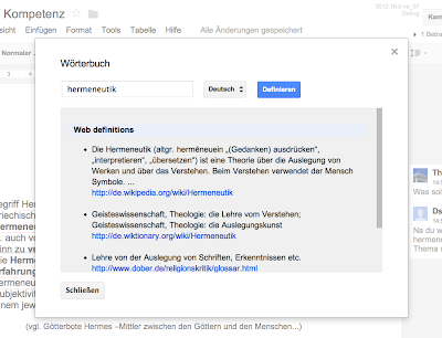 Screenshot der Funktion Wörterbuch innerhalb von Google Docs