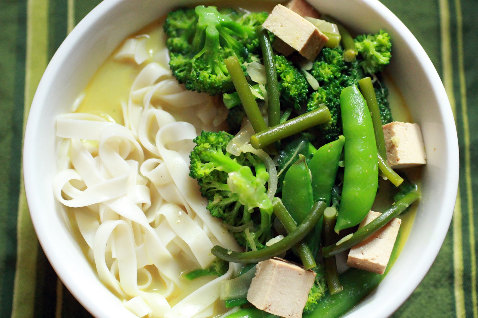 Garlic Scape Coconut Curry Soup With Summer Vegetables & Tofu The
