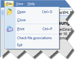 MessageViewer Lite .eml viewer, file menu MessageViewer Lite .eml viewer, file menu drop down.