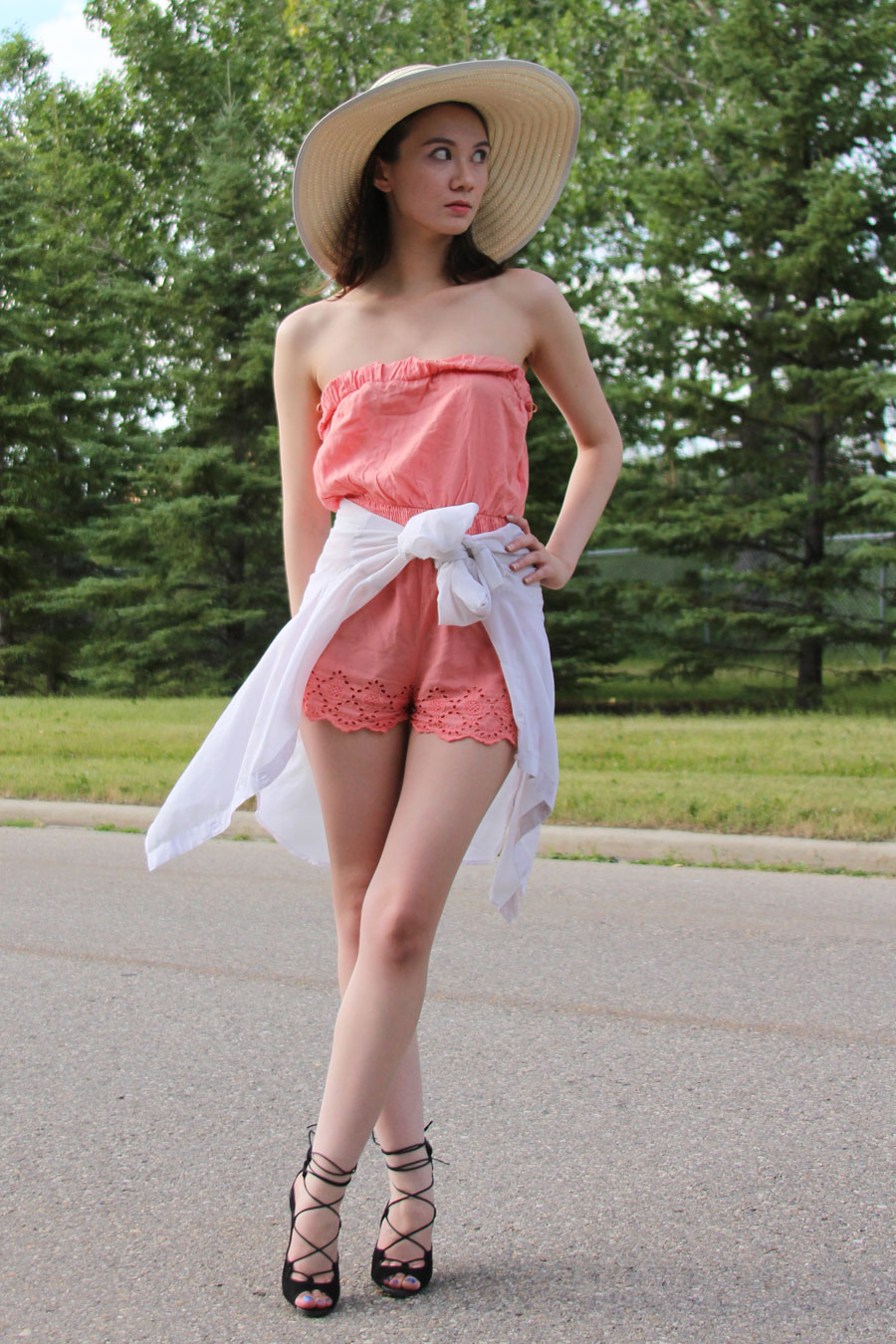 romper, jumpsuit, jumper, h&m, urban outfitters, straw hat, summer, fashion, strappy sandals, aldo