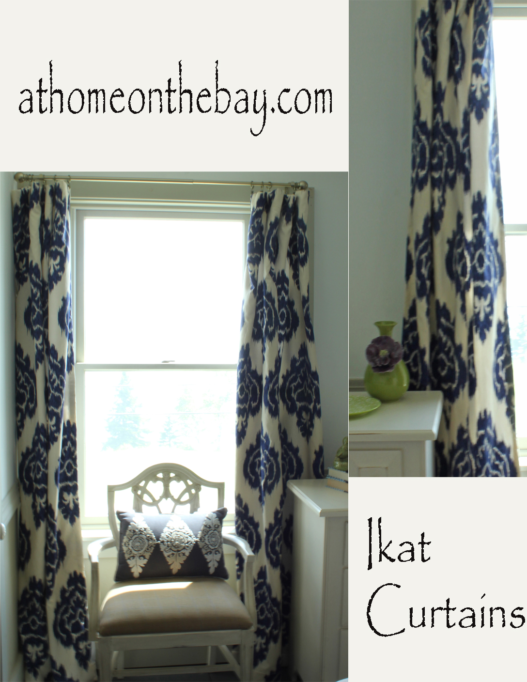 Solid Brass Curtain Pole Navy Blue Ikat Rugs