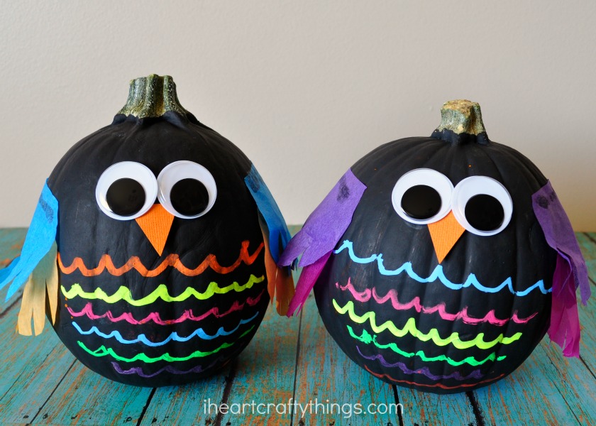 Colorful No Carve Owl Pumpkins
