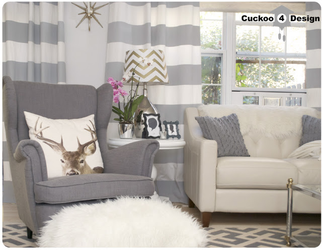 Ikea Strandmon, grey horizontal striped curtains, grey Overstock rug Ikea Strandmon, grey horizontal striped curtains, grey Overstock rug