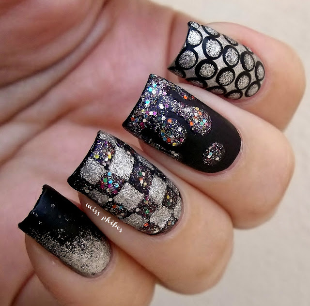 Matte glitters black and silver nail art