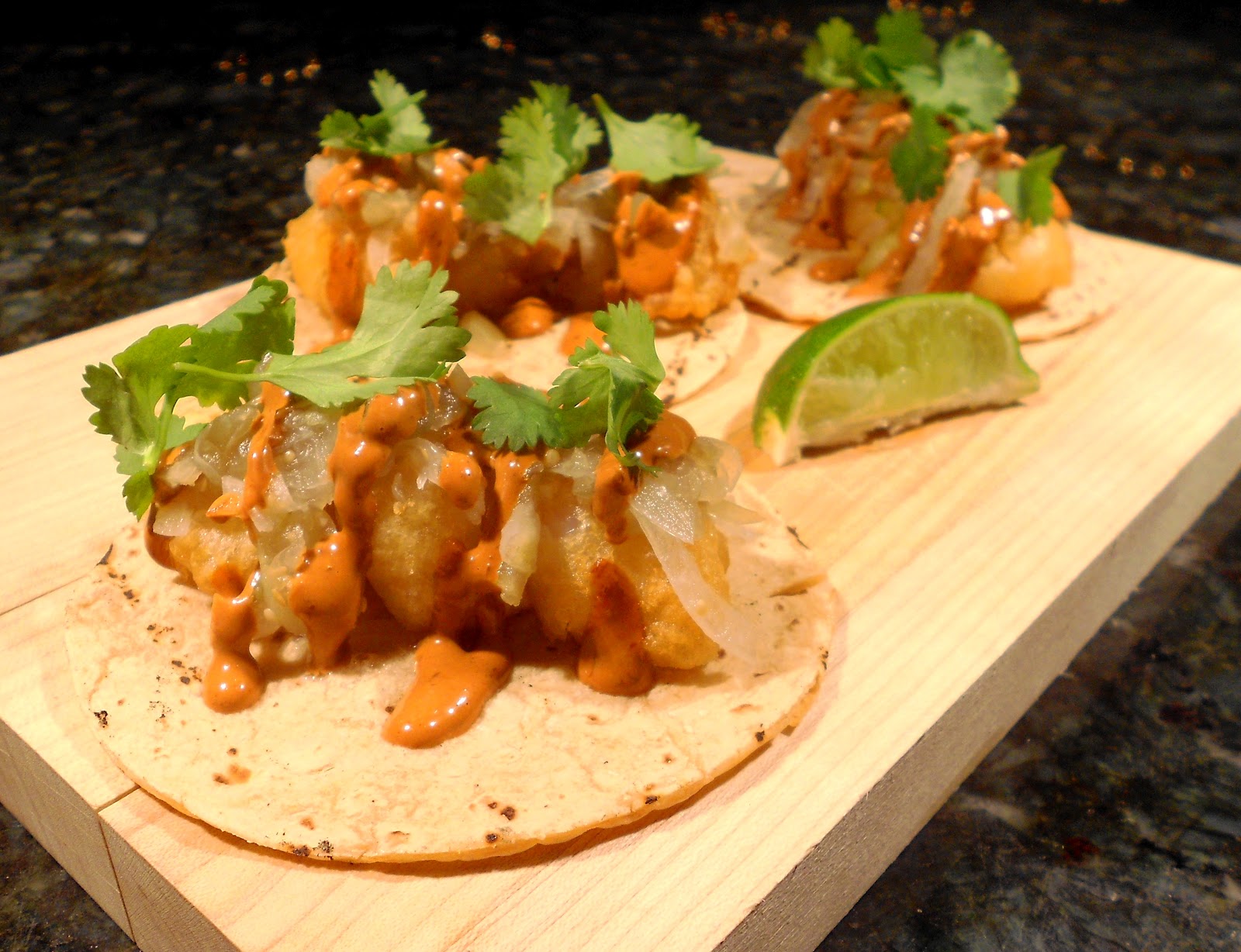 Crispy Shrimp Taco, Corn Tortilla, Tomatillo, Onion, Adobo, Cilantro