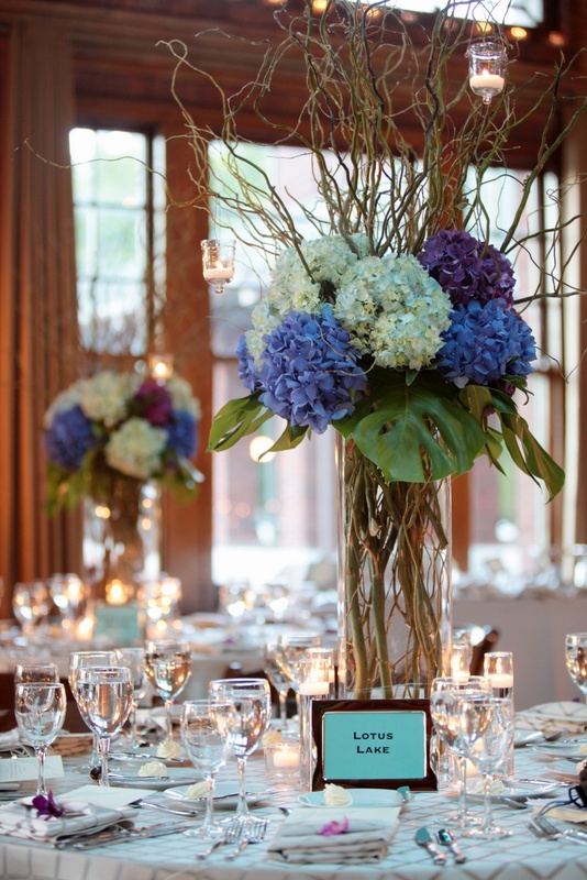 Hardly Housewives Blue Hydrangea and Curly Willow Centerpieces