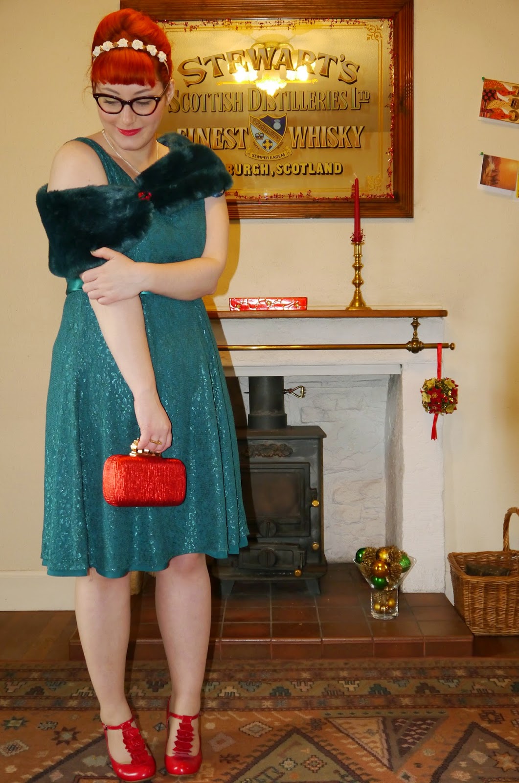 Unlikely Style Icon Christmas Tree Christamas outfit, Christmas inspiration, Christmas tree outfit, scottish blogger, photo story, Monsoon dress, faux fur scarf, Topshop flower crown, red accessories, TK Maxx clutch bag, I Love Crafty glitter cat ring, Red heels, Warehouse leopard print coat, Cheap Frills necklaces, Rock Cakes lips brooch, Barry M Christmas Tree nail polish,