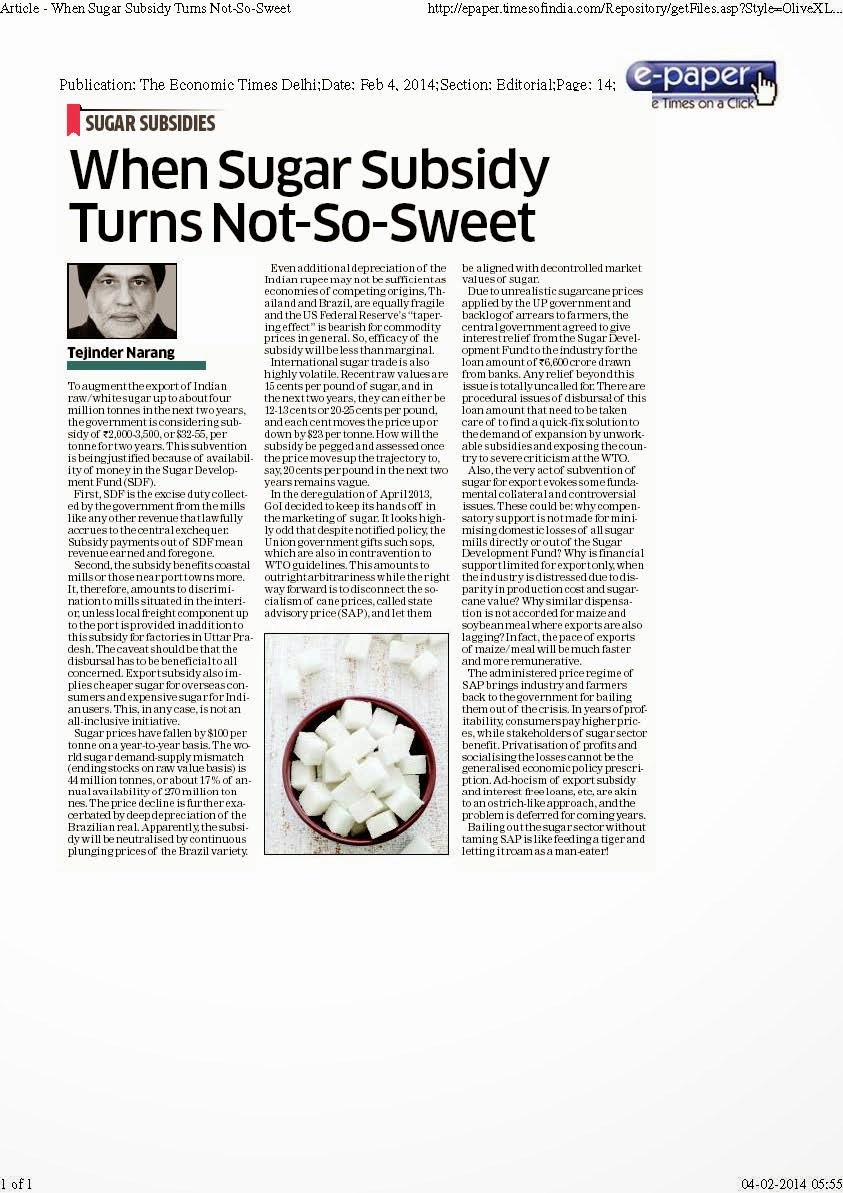 TPSN SUBSIDY FOR EXPORTING INDIAN SUGAR UNCALLED FOR