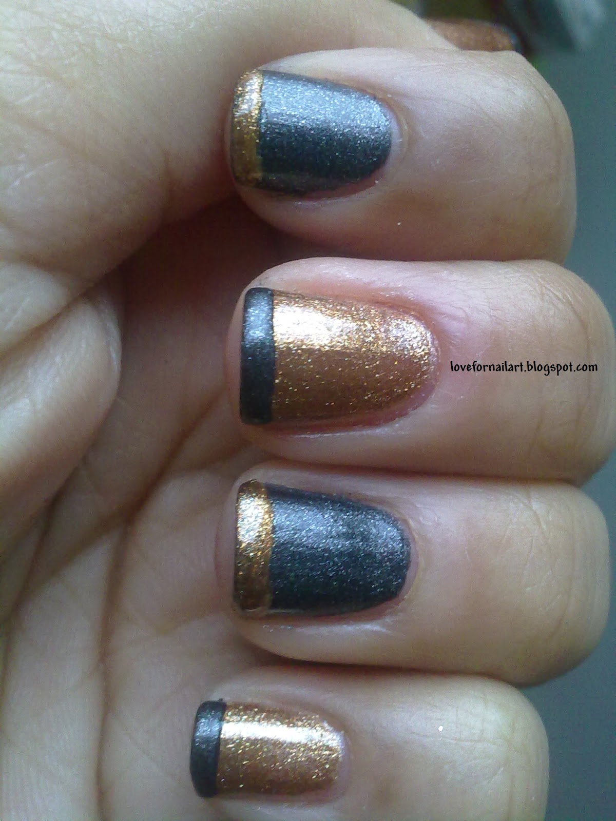 Love For Nail Art: Gold and black french tipped nails with polka dots