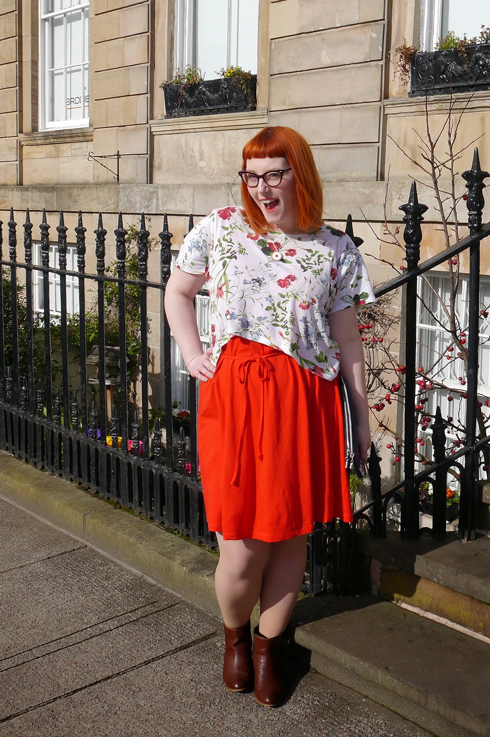 Keeping it cmonfy for Hillary's Crafternoon What Helen Wore, Scottish Blogger, Red Head, Glasgow, Hillary's Crafternoon, Sugar & Vice, cherry bakewell necklace, comfy style, bright colours, floral tee, Zara flower print tshirt, H&M red jersey dress, Zara brown boots, SewLomax day time sites bag