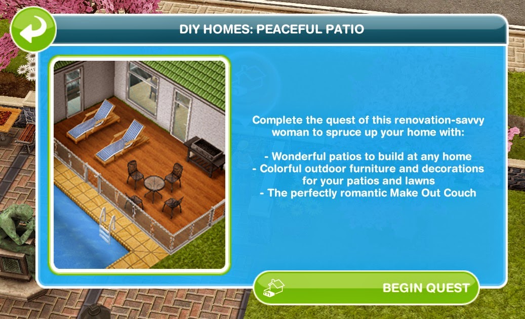 Sims Freeplay Quests and Tips Discovery Quest DIY Homes Peaceful Patio