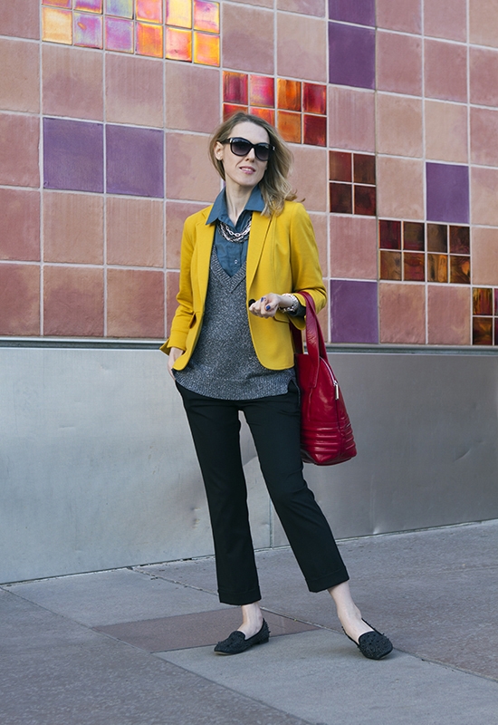 The Wind of Inspiration Outfit of the Day  Post – “Warm And Cool Color Combo” (Asos Sleeveless Shirt, Club Monaco Silver Sweater, Kasper Mustard Blazer, Asos Cropped Pant, Sam Edelman Loafers, Walter By Walter Baker Handbag, Michael Kors Wilmette Sunglasses, Alfani Multi Chain Necklace Necklace, Wittnauer Chronograph Watch, American Apparel Nail Polish)