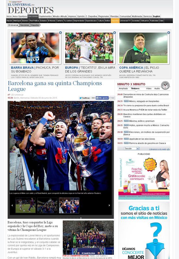 Reacciones: Un triplete para la historia Reacciones de los medios electrónicos sobre el triplete histórico del FC Barcelona, al ganar la UEFA Champions League 2015 | Ximinia