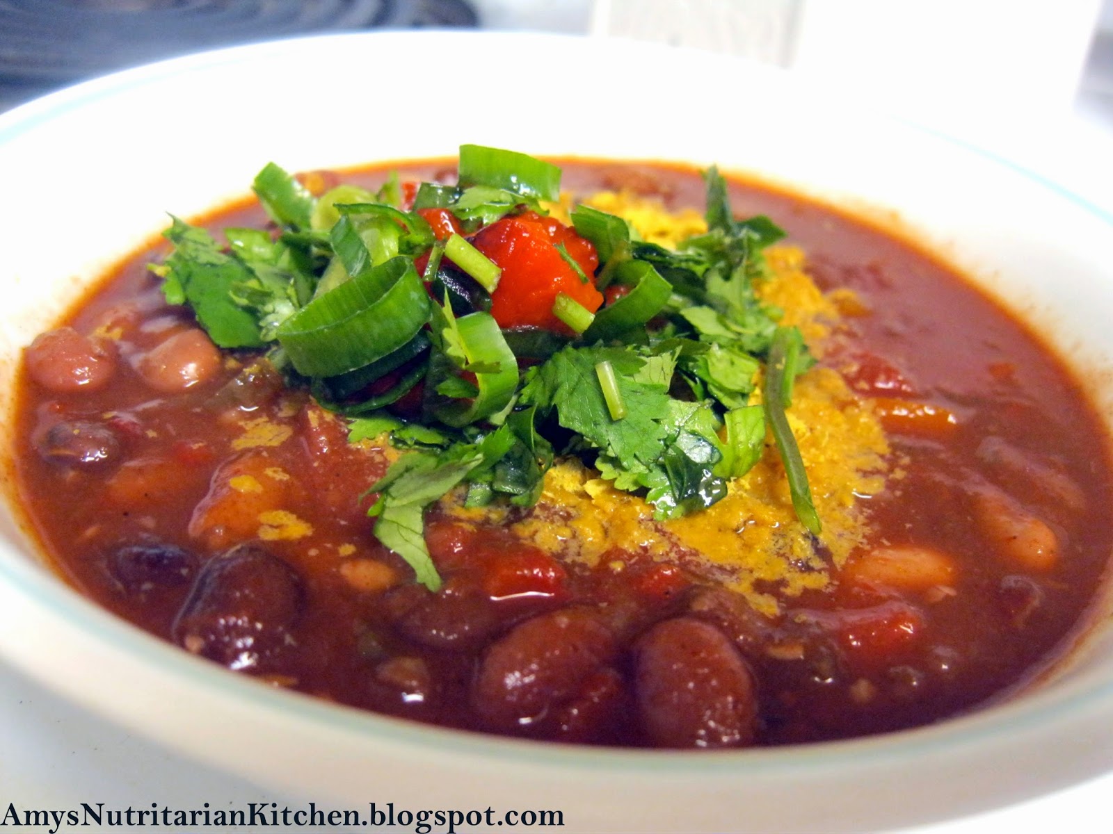 Amy's Nutritarian Kitchen Three Bean Chili (Pressure Cooker Friendly)