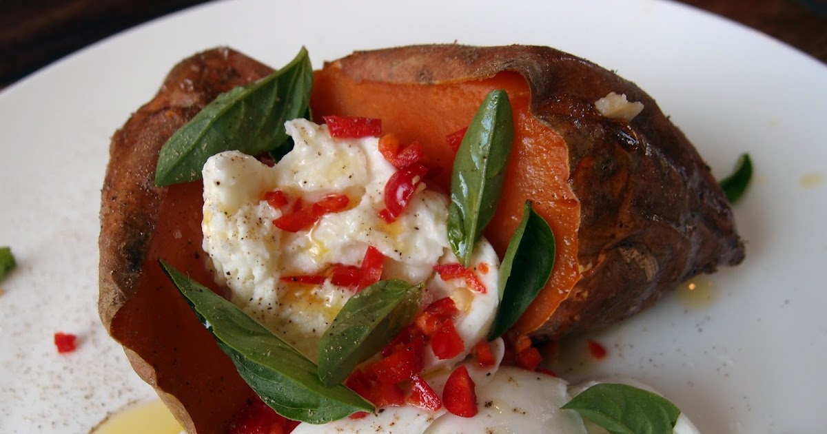 Milk and Honey Baked Sweet Potato with Chilli, Mozzarella and Basil
