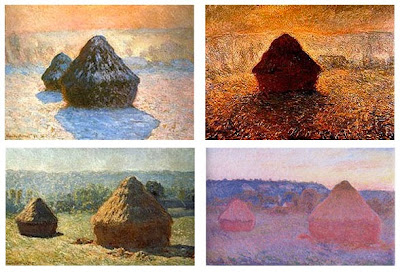 Monet's haystacks 4 paitings explore the same scene at various times of day, with various light effects