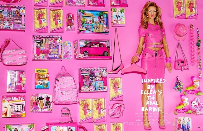 Vogue Japan March 2015, Rosie Huntington Whiteley Moschino SS15 Barbie Pink Cropped Biker Perfecto Jacket With Leather Pencil Skirt Editorials