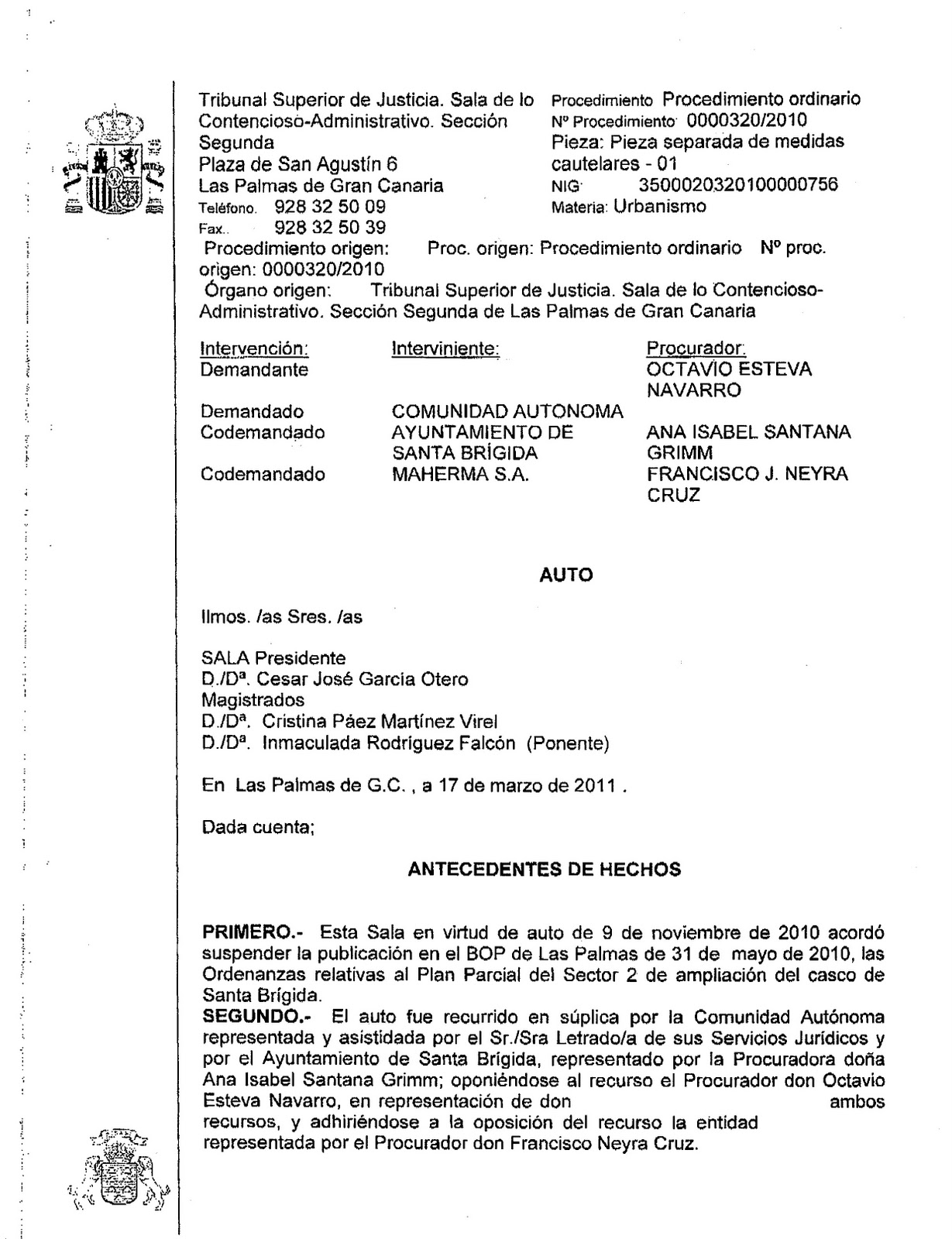 AUTO JUDICIAL DEMOLEDOR CONTRA EL CONSISTORIO EN LO REFERENTE AL SAU2