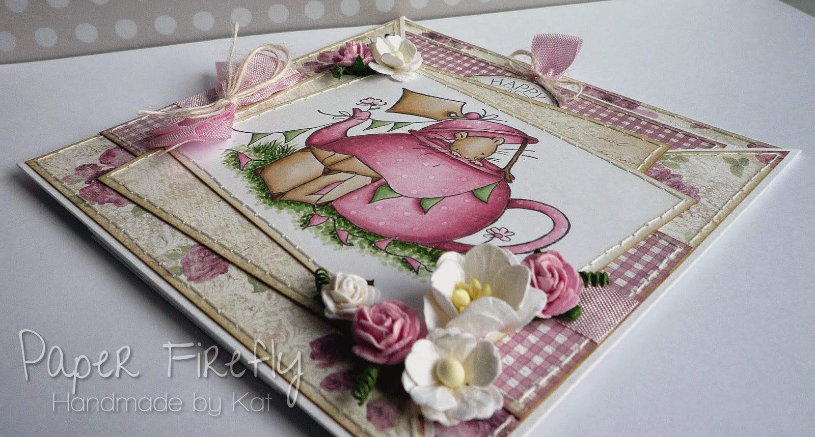 Pink floral criss cross card featuring cute mouse in teapot