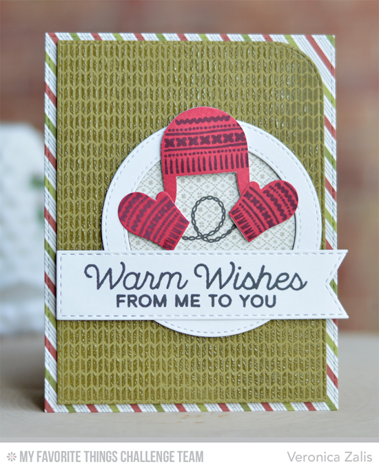 Warm Wishes Card by Veronica Zalis featuring the WInter Warmth and Let's Get Cozy stamp sets, Sweater Stitch Background stamp, and the Warm & Fuzzy Die-namics #mftstamps