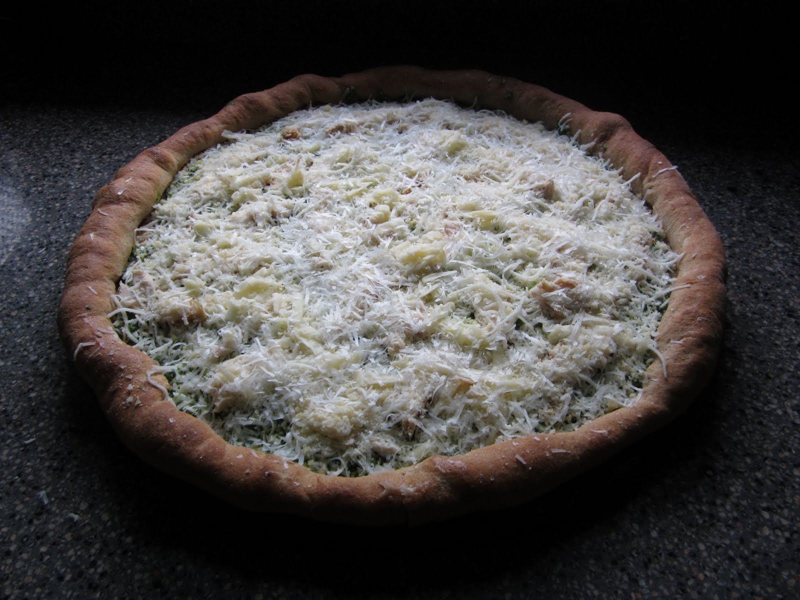 Roasted Garlic, Pesto & Chicken Pizza