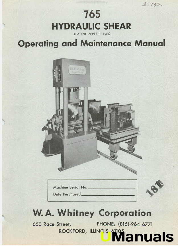 Machinery Manuals WA Whitney 765 Hydraulic Shear Instruction and