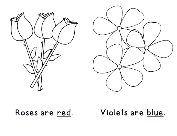words that rhyme with red, blue & you, and sweet on the correct pages
